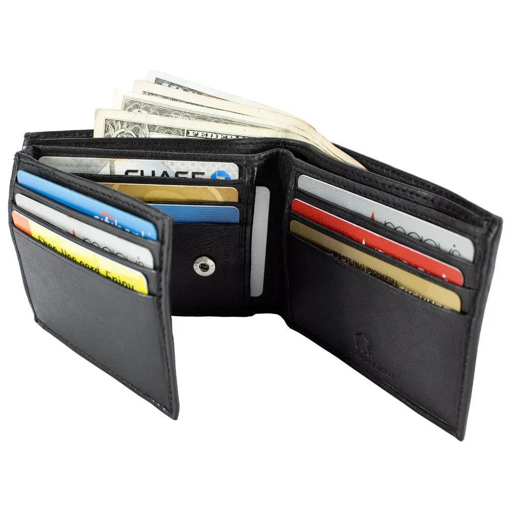 Leather Mens Wallet in Lambskin Leather, Black, Bifold Wallet